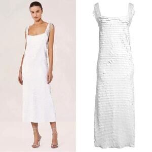 Alexis Felici Sequin Paillette Beaded Fringe Midi Dress Size XS NWT White